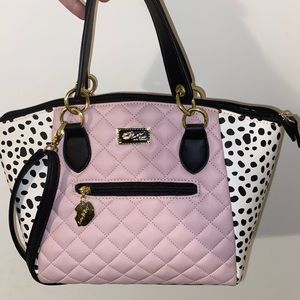 Luv by Betsey Johnson handbag. Medium size. pink and white with black dots.